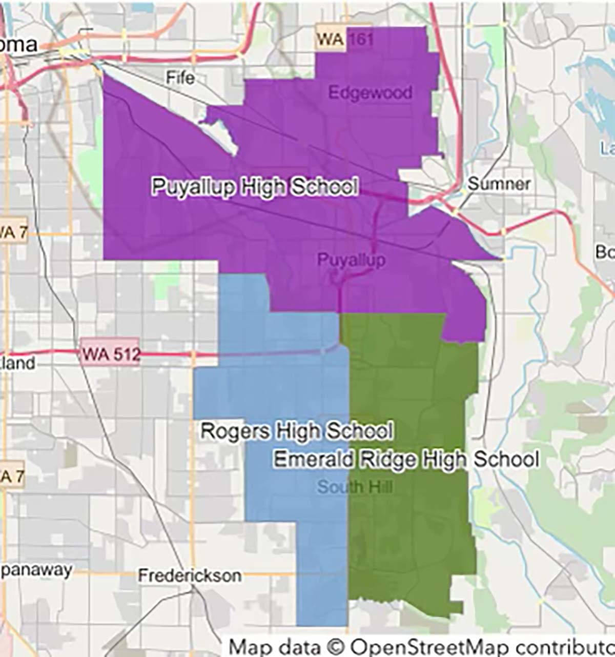 A map of Puyallup with the 3 high school catchment areas outlined.